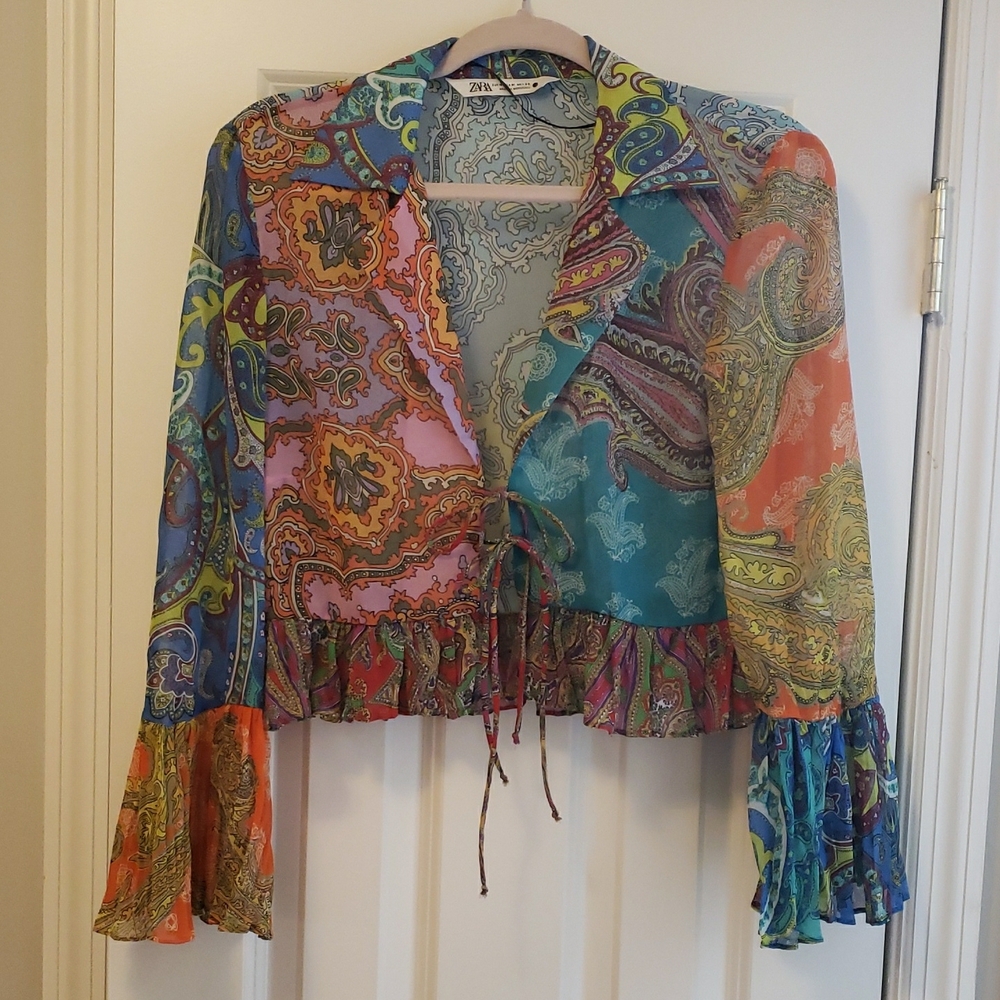 Zara Blue and Orange Bell Sleeve Crop Blouse